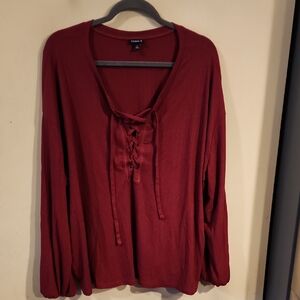 torrid Burgundy Lace-Up Ribbed Long Sleeve Top